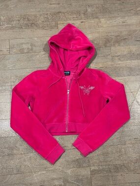 A.LAB Pink Butterfly Rhinestone Cropped Full Zip Jacket Size Large